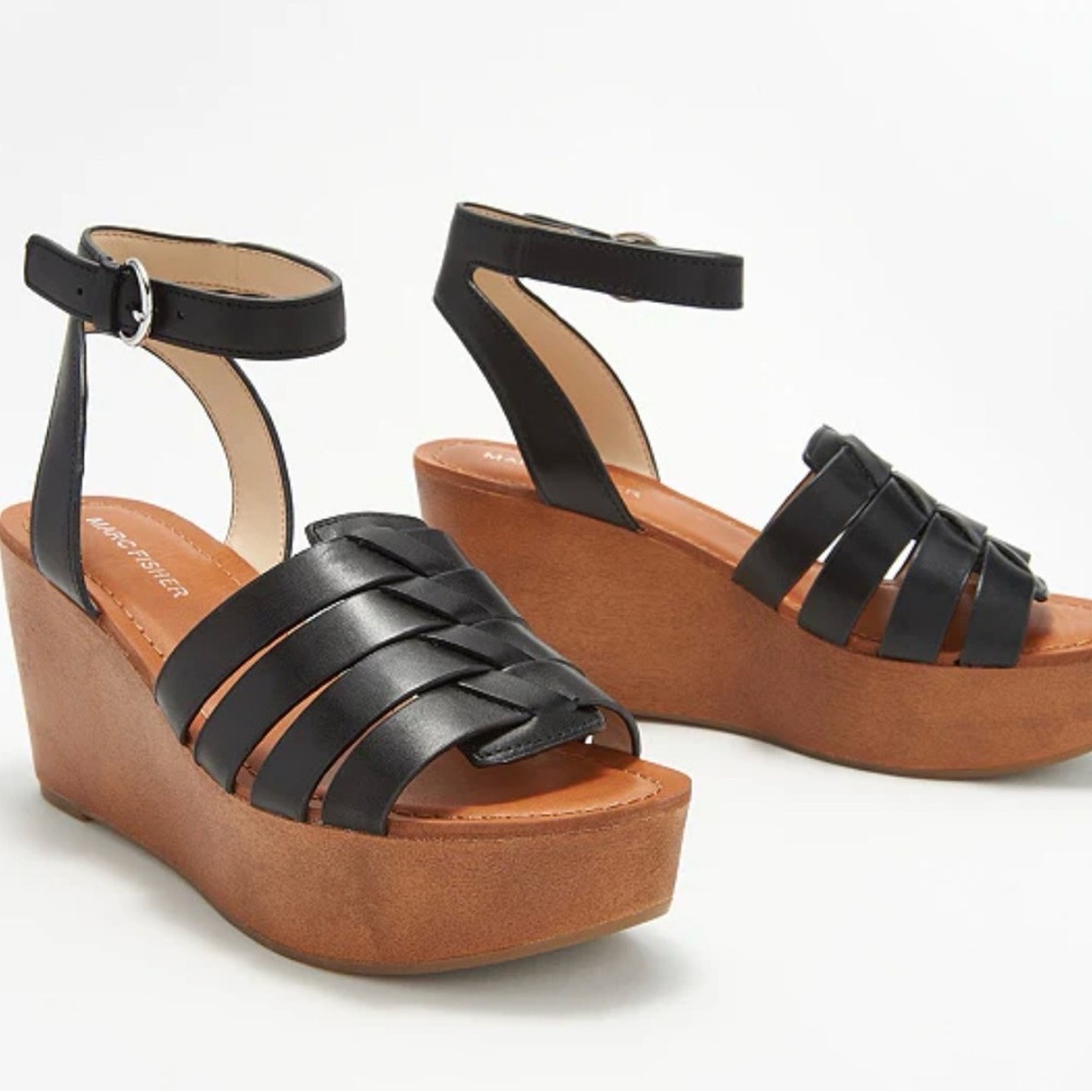 Marc Fisher Pastya Size US 8M Woven Leather Wedge Sandals Black New